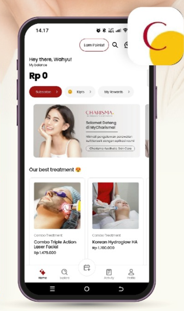Tampilan aplikasi MyCharisma untuk reservasi perawatan CHARISMA